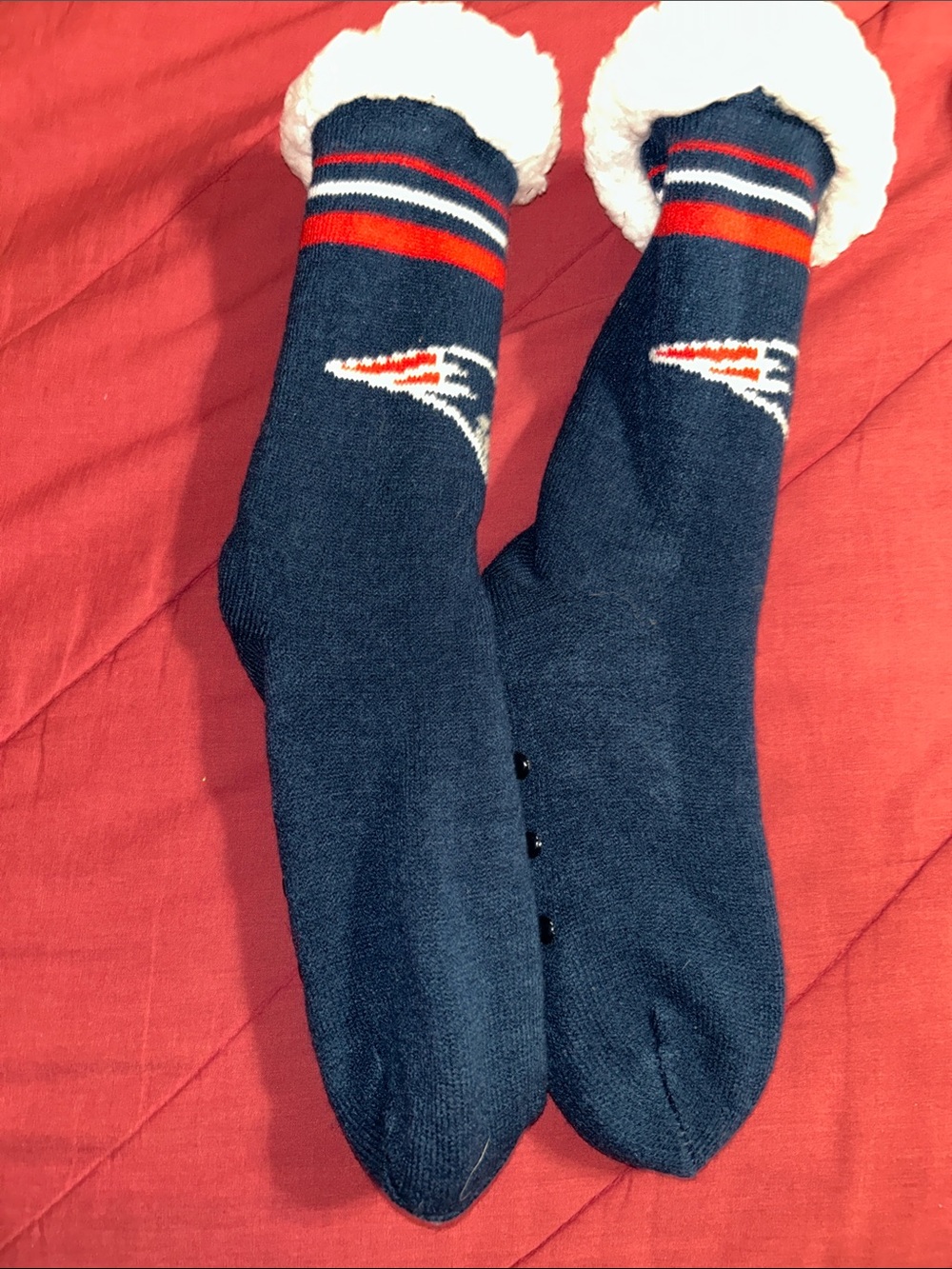 NE Patriots Themed - Navy Fleece Lined Non-Slip Crew Socks w/Red & White Accents